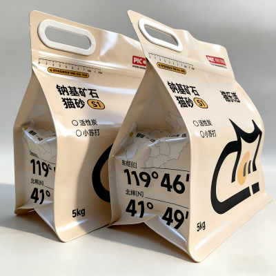 Ottesidet forseglet kattegruspose med lynlåshåndtag